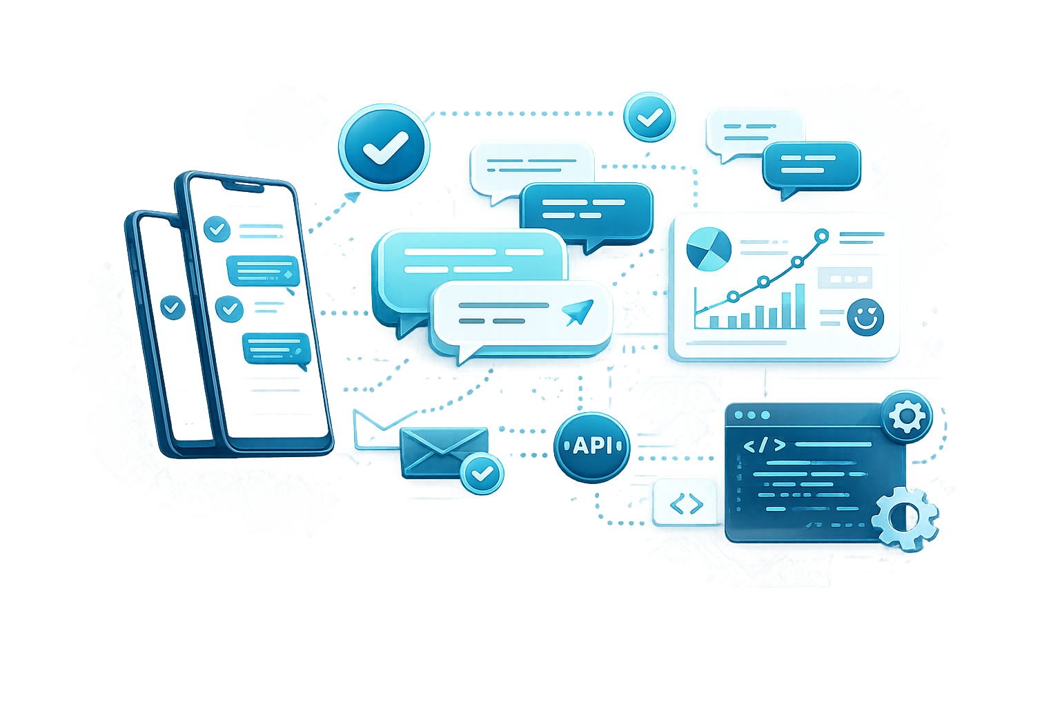 Business messaging, campaign analytics and developer API illustration.