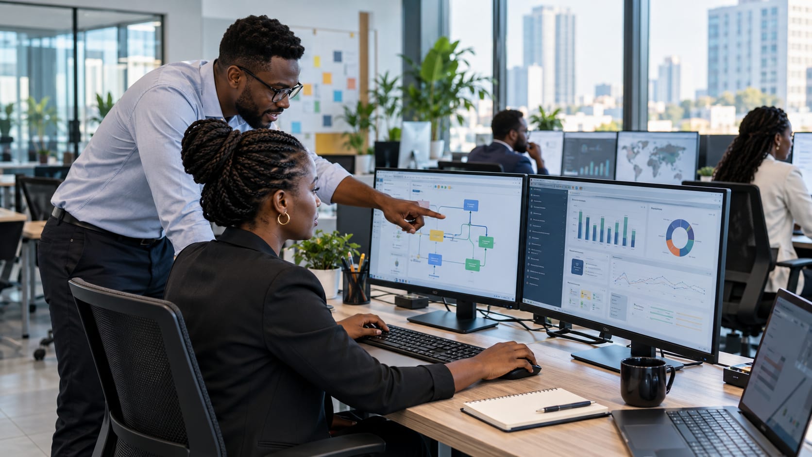 Two colleagues reviewing an automation workflow across desktop monitors in an office.