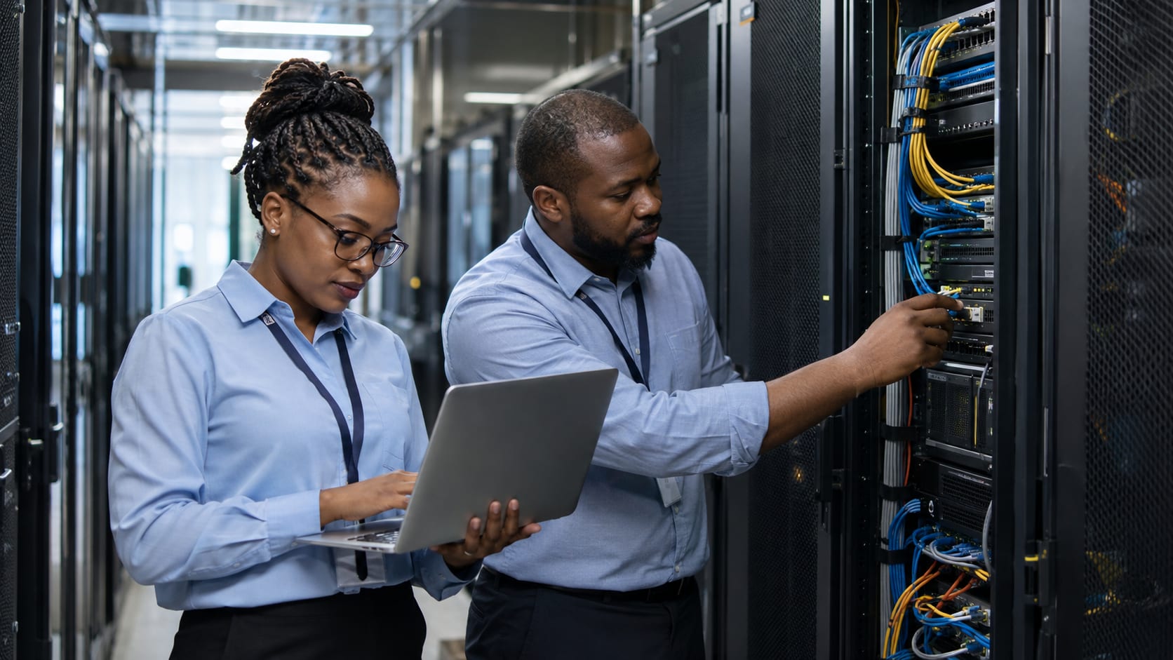 Two cloud engineers inspecting a server rack in a data centre, with one holding a laptop.