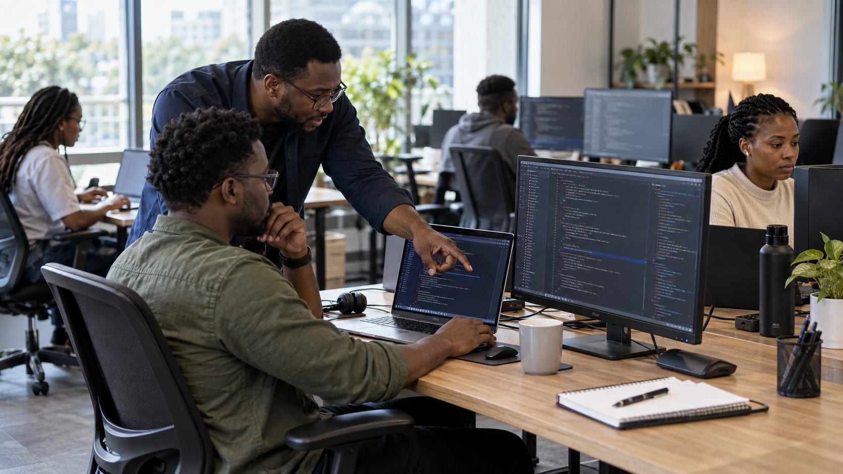 Software developers collaborating over code on a laptop and monitor in an open office.