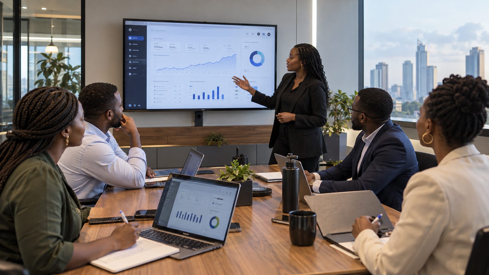A team discussing a SaaS analytics dashboard displayed on a meeting-room screen.