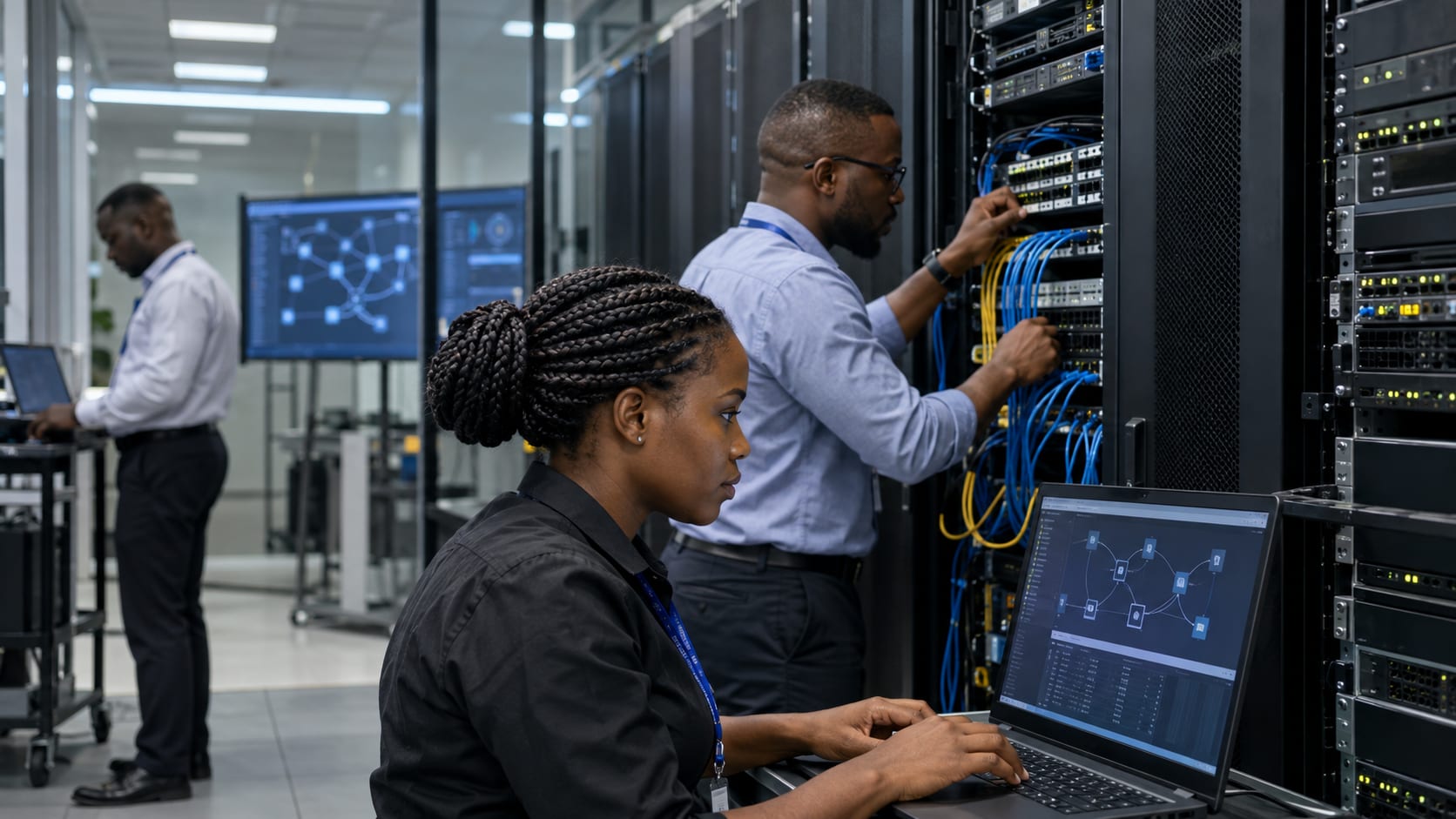 Engineers configuring a network rack and reviewing system diagrams in a data centre.